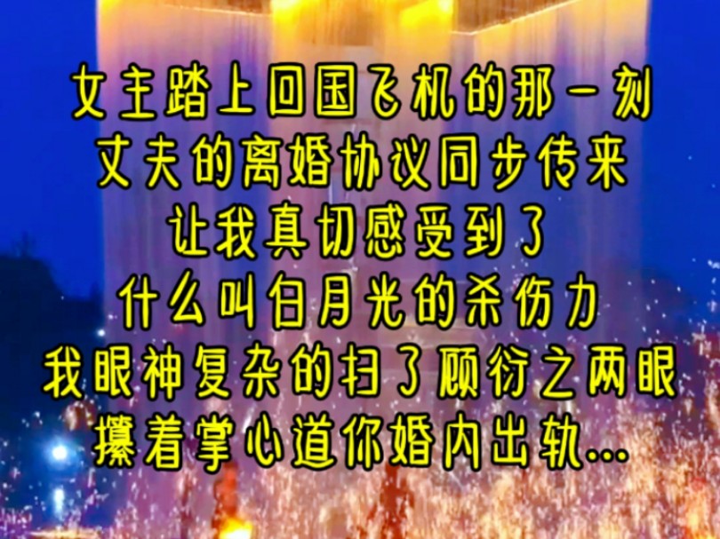 女主踏上回国飞机的那一刻,丈夫的离婚协议同步传来,让我真切感受到了,什么叫白月光的杀伤力,我眼神复杂的扫了顾衍之两眼,攥着掌心道你婚内出轨....