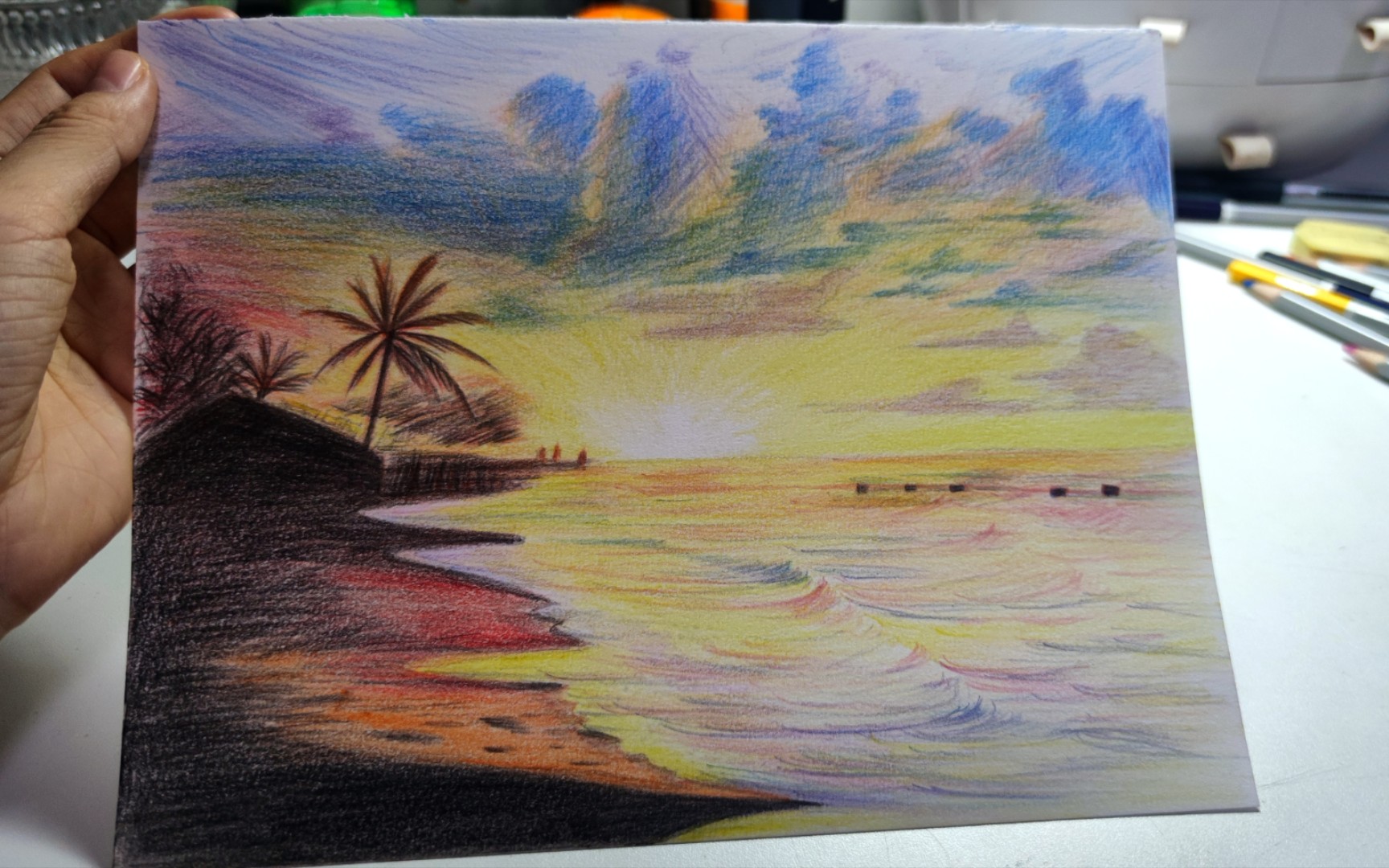 彩铅风景画日落和大海图片