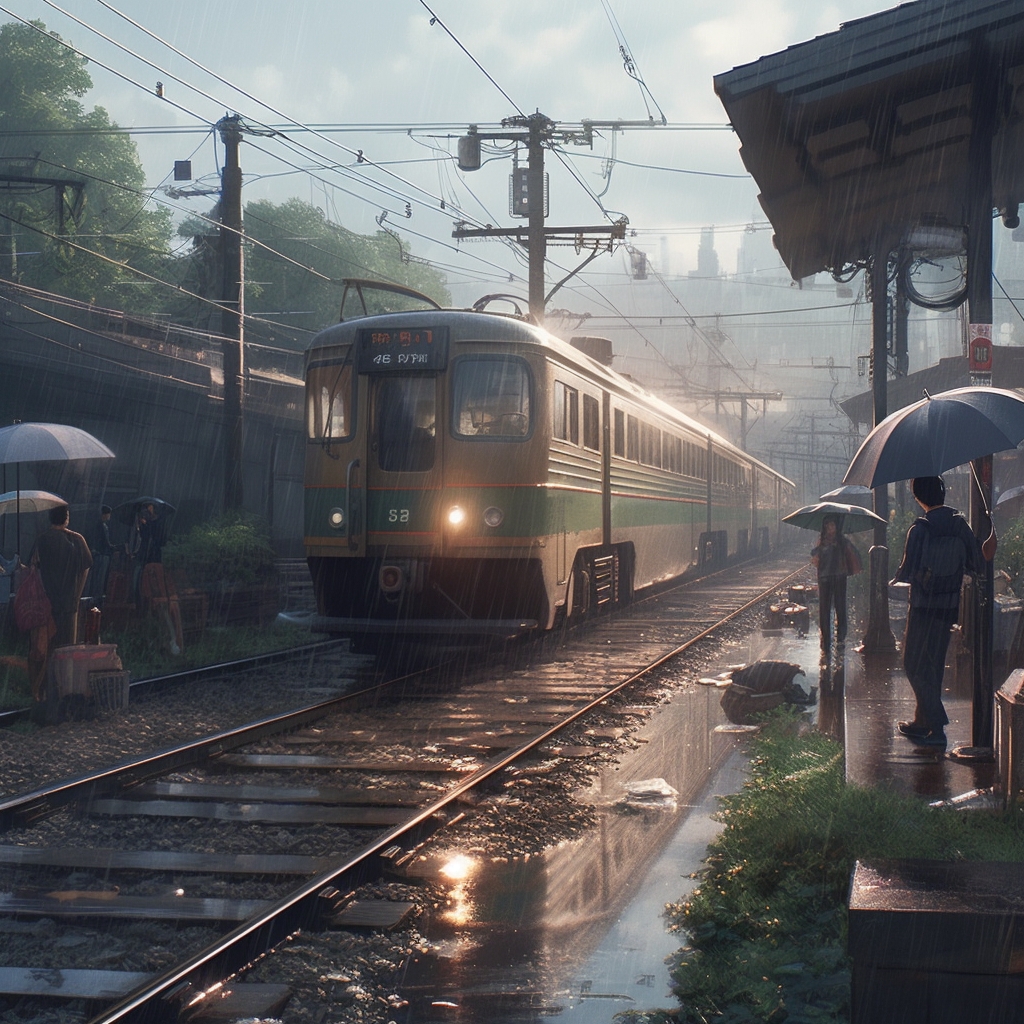 【ai绘画】一组新海诚风格的雨天,列车场景画.