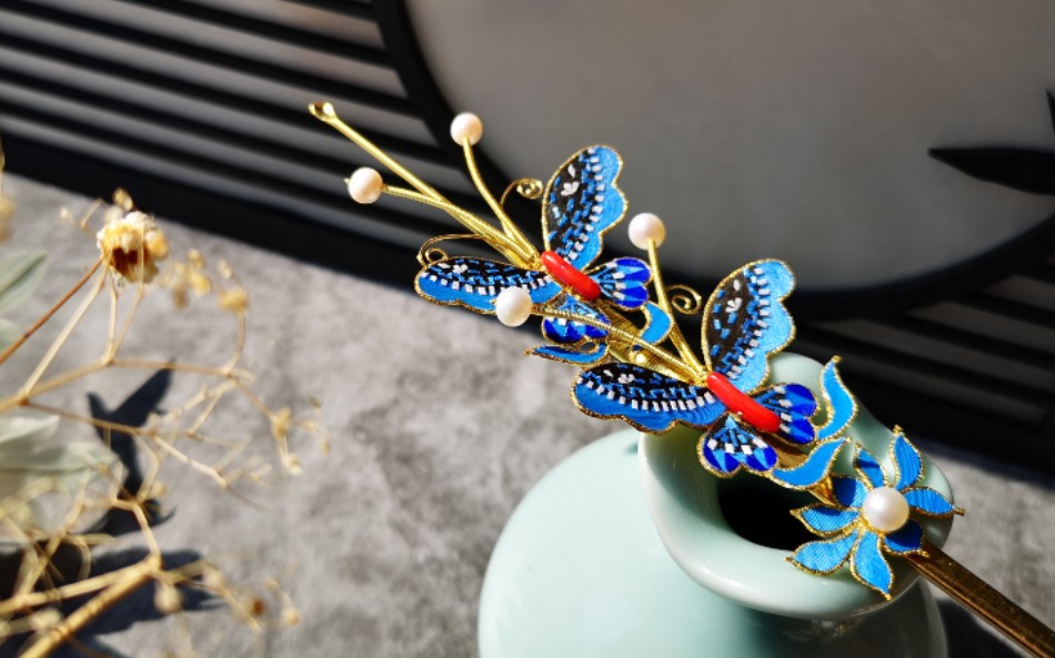 【挑战100只故宫文物发簪】系列四—仿点翠蝴蝶耳挖簪制作过程~第一次