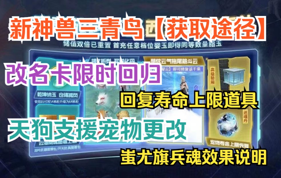 【妄想山海】新神兽三青鸟获取途径、改名卡限时回归、回复寿命上线道具、天狗支援宠物更改、新神兵效果测试手机游戏热门视频