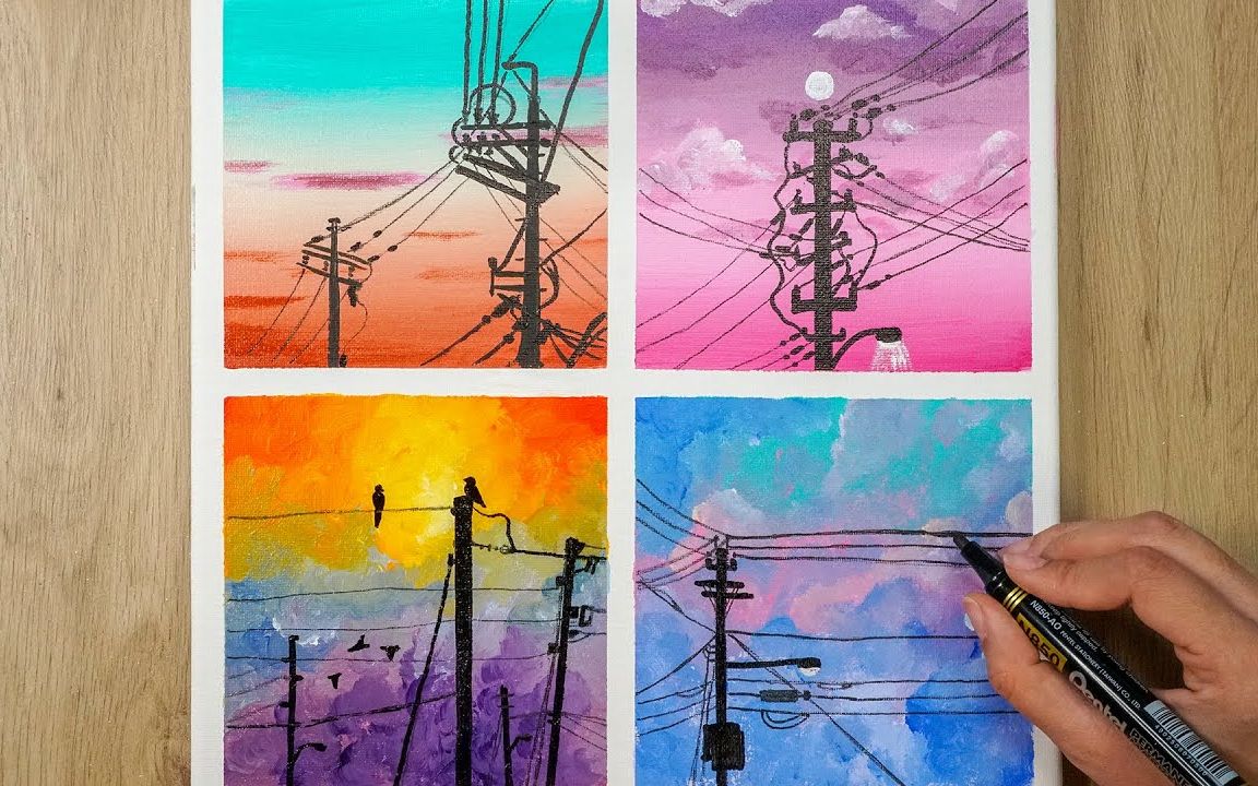 【丙烯画】【绘画教程】电线杆的四季Power Line  Four Seasons Landscape哔哩哔哩bilibili