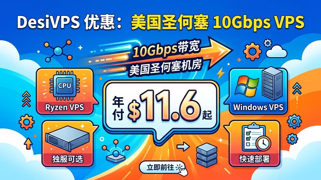 美国圣何塞 10Gbps 大带宽 VPS!年付仅 11.6 美元|Ryzen 高配 + Windows 可选,还有独立服务器