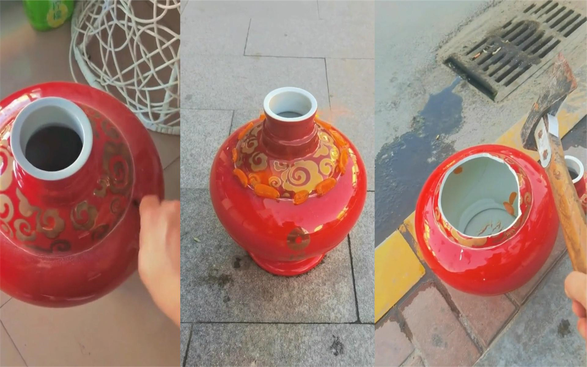 男子用酒瓶改造花盆,为划出平整切面火烧瓶身招数用尽,结局亮了