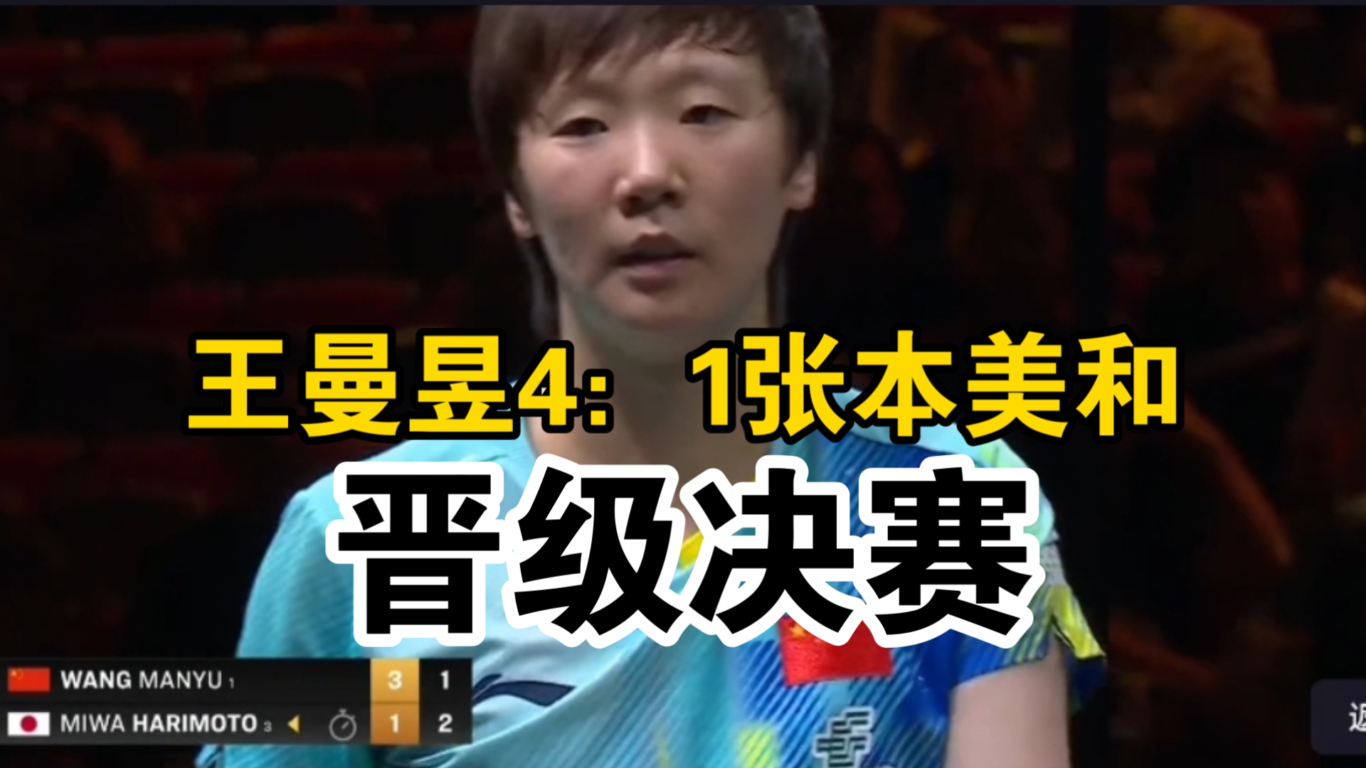王曼昱4：1张本美和，晋级女单决赛！决赛打削球手，加油！