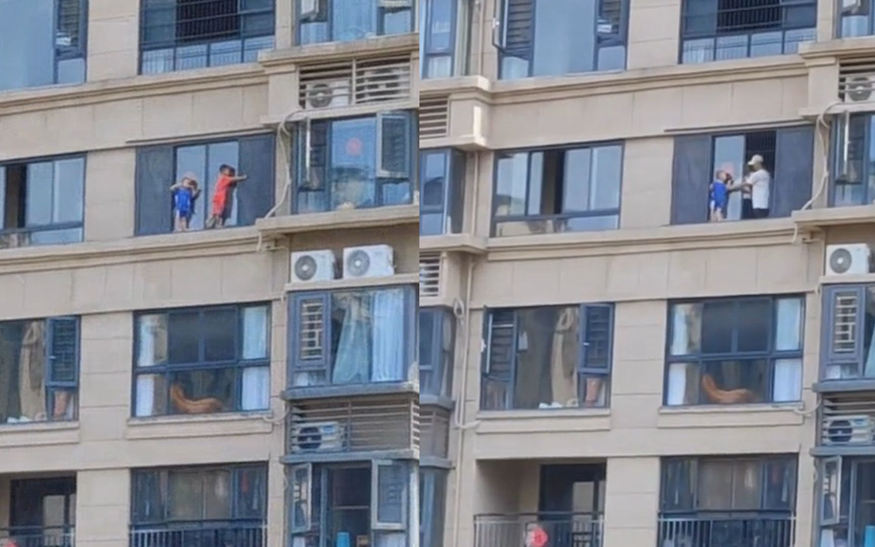 两幼童贪玩爬出28楼窗外被困吓到大哭,对面邻居拍下惊心一幕_哔哩哔哩