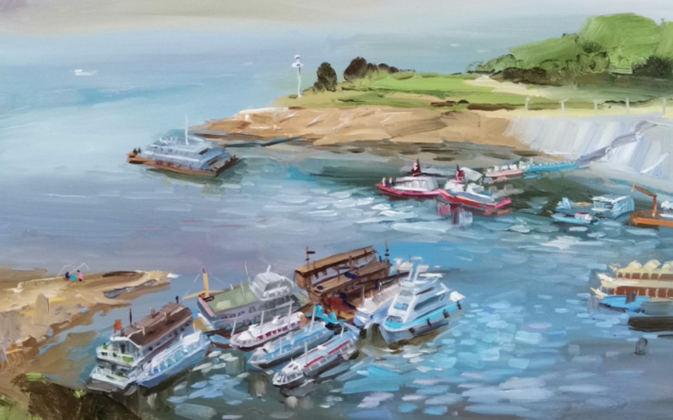 亚力油画_三峡风景.(太平溪的码头)