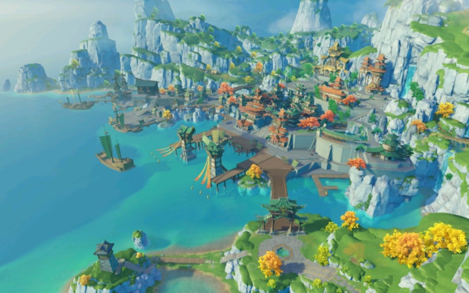 游戏延时原神山崖俯瞰璃月港延时摄影