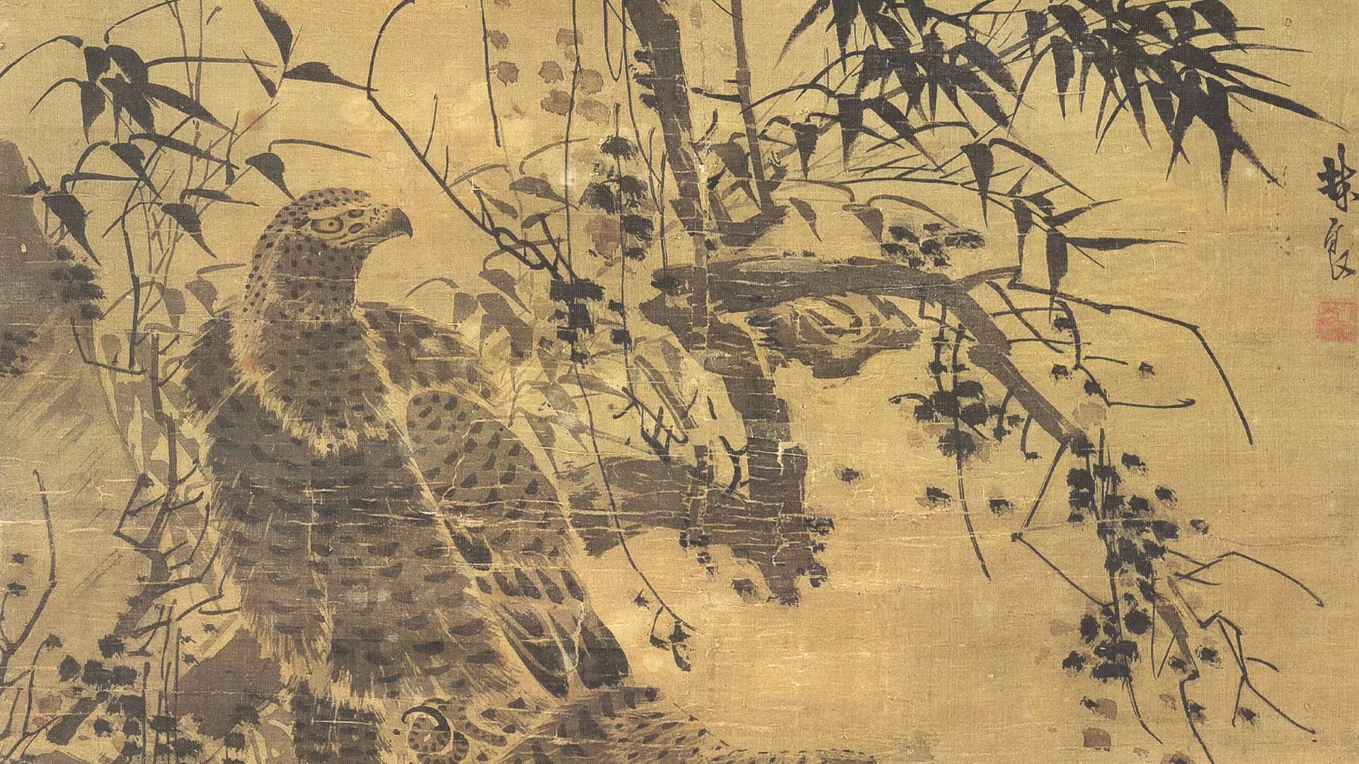 明林良双鹰图绢本