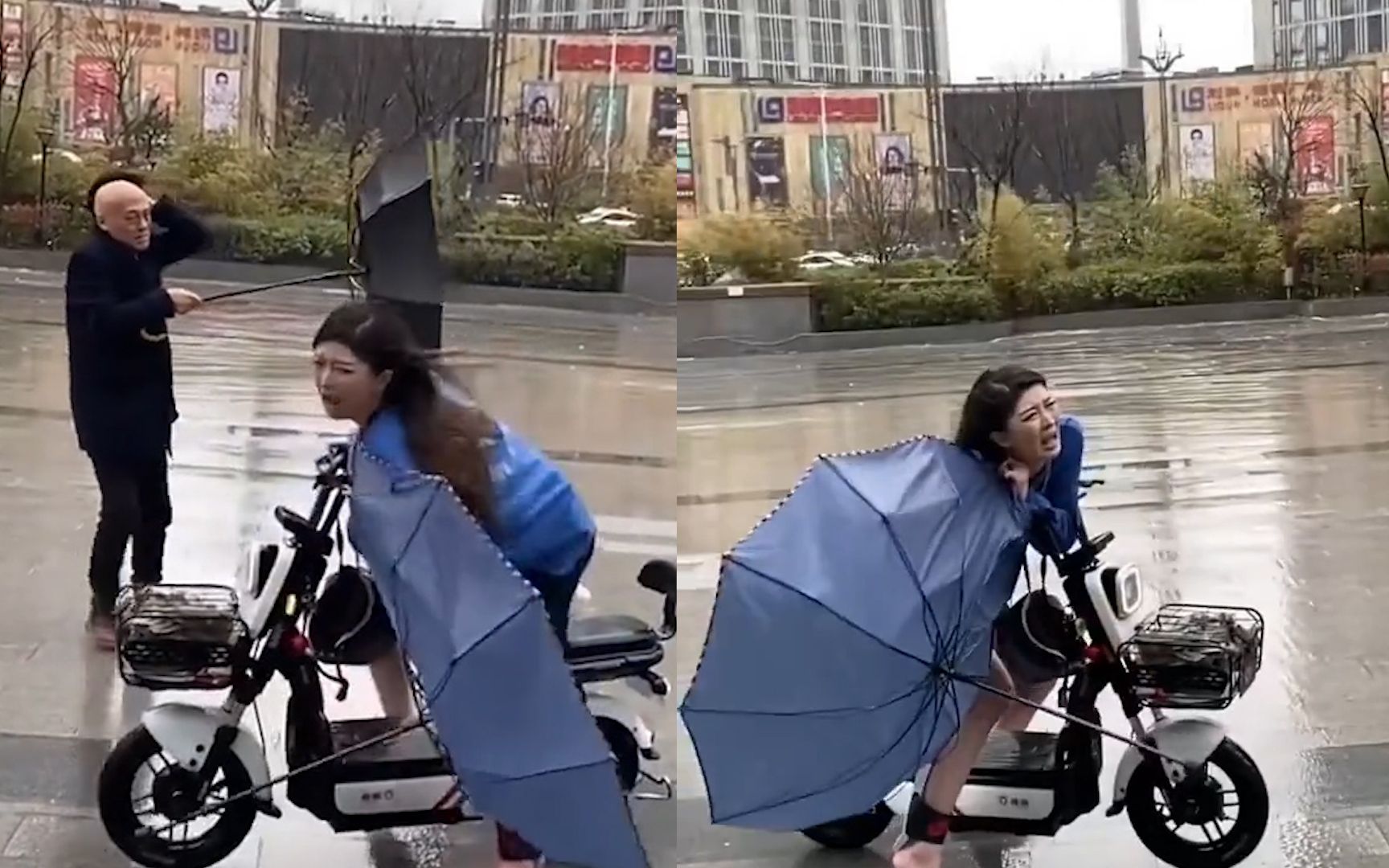 女子雨天骑车伞被吹翻,身后大爷假发爆笑抢镜,一看拖鞋瞬间社死