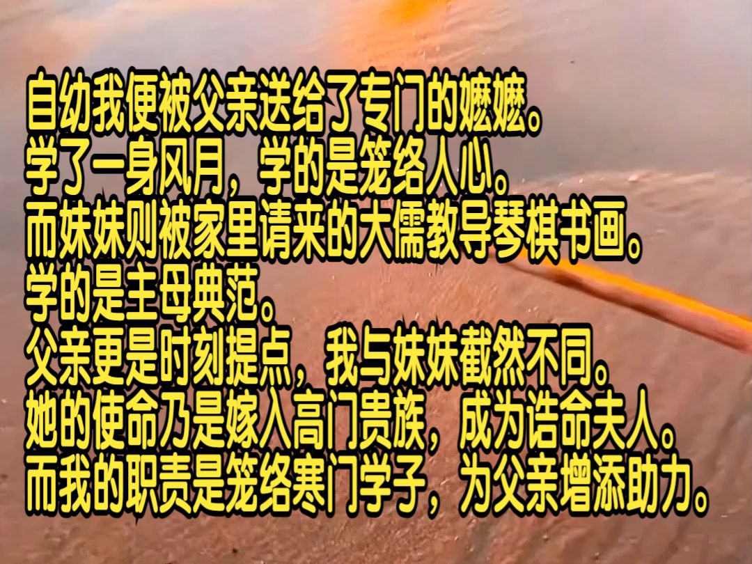 自幼我便被父亲送给了专门的嬷嬷,学了一身风月,学的是笼络人心,而妹妹则被家里请来的大儒教导琴棋书画,学的是主母典范.父亲更是时刻提点,我与...