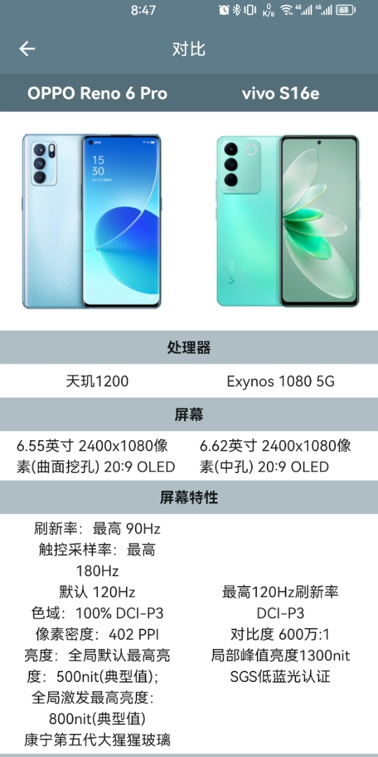 oppo reno6 pro和vivo s16e参数对照