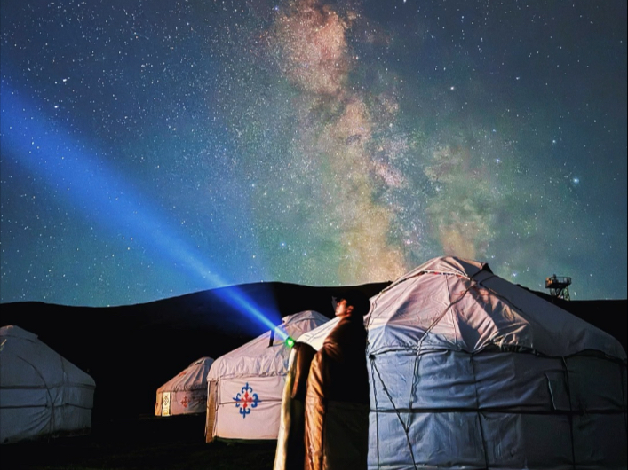 凌晨四点钟新疆巴音布鲁克蒙古包外的星空银河