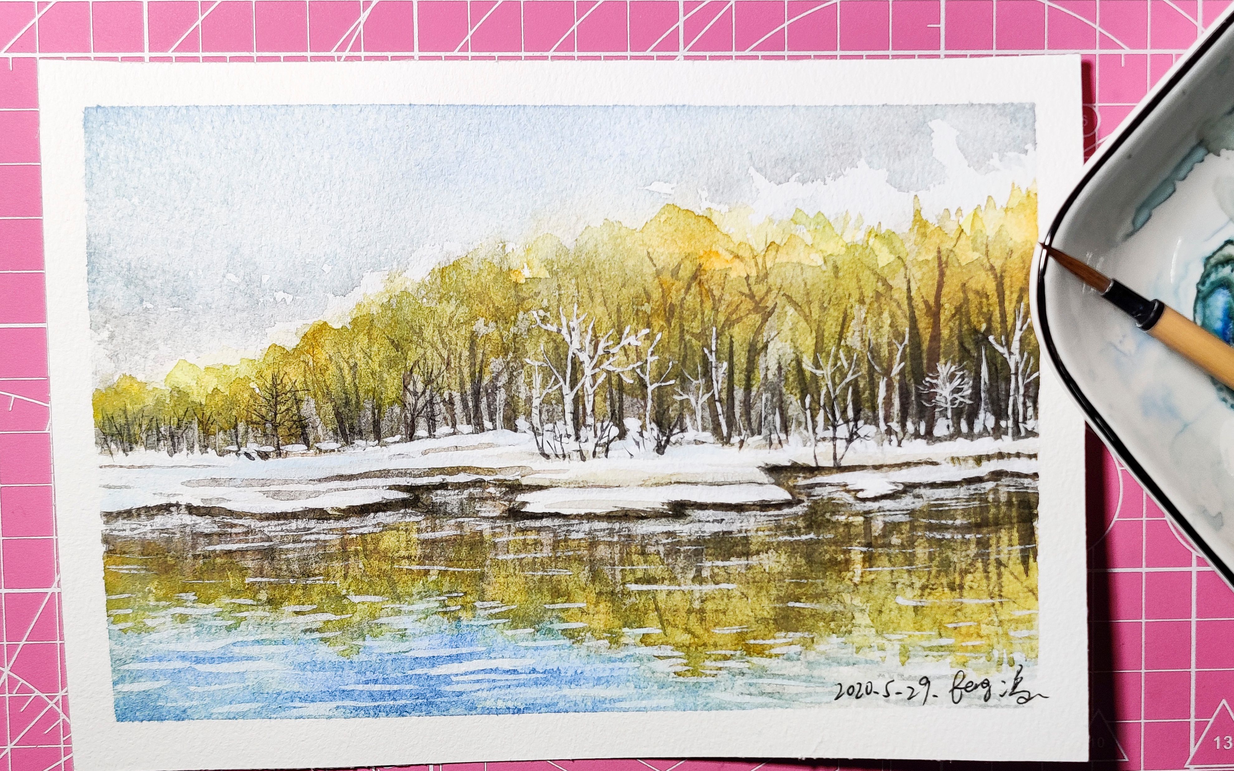 水彩手绘 | 湖畔雪下倒影手绘