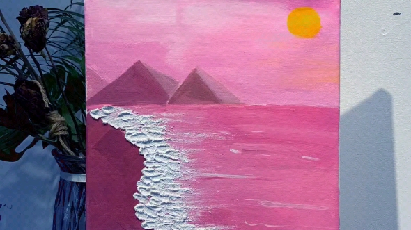 粉色夕阳绘画
