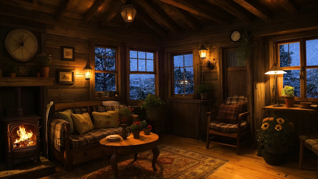 放松的雪景氛围噼啪作响的壁炉燃烧声和刺骨的冷风声让您在舒适的小屋