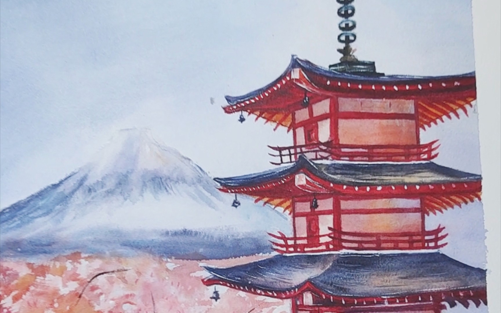 【水彩】富士山与五重塔