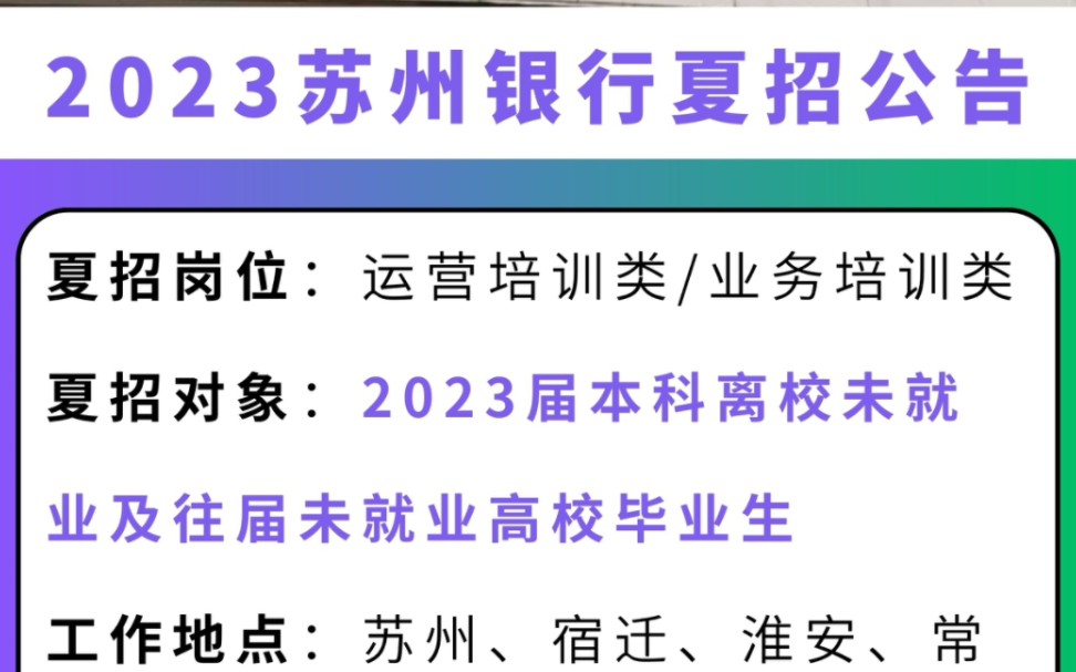 2023苏州银行夏招公告,22届,23届本科以上学历均可报名,不限专业,不要求四级#应届生求职 #银行夏招 #银行招聘 #苏州银行 #好工作推荐哔哩哔哩...