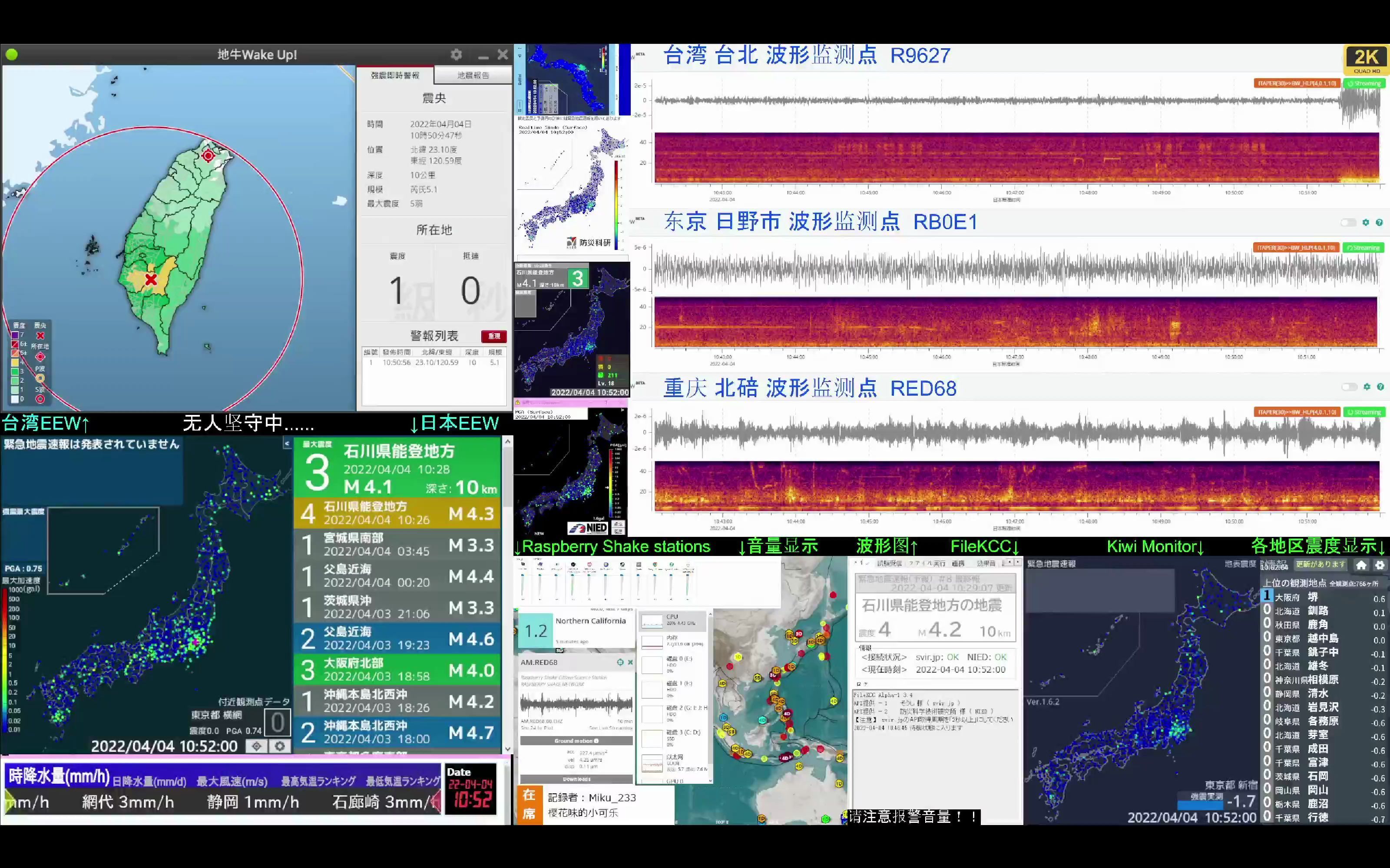 [2022/4/4]中国台湾 高雄市 震度4级 地震 EEW+波形+报警音 (直播回放)哔哩哔哩bilibili