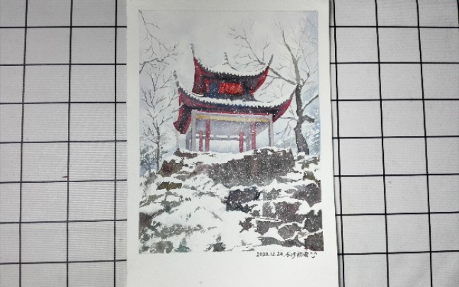 水彩长沙初雪岳麓山爱晚亭