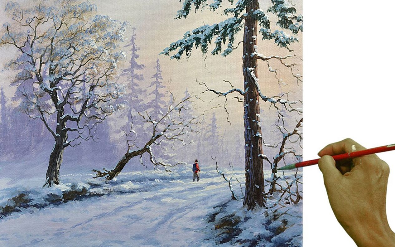 [图]【丙烯画】【绘画教程】雪地里行走的人-Acrylic Landscape Painting Walking in Winter