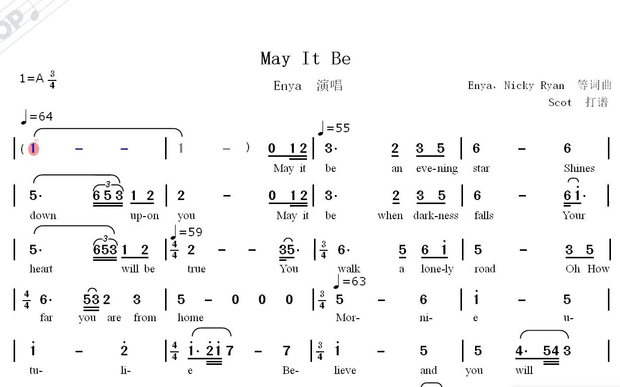 [图]《指环王主题曲》--May It Be（Enya演唱）--动态简谱