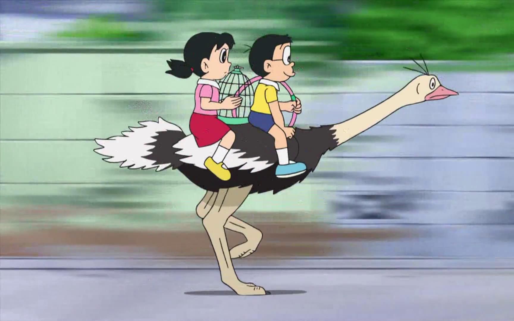 哆啦a梦:大雄带静香骑鸵鸟狂奔,静香召唤出了咱们国宝大熊猫