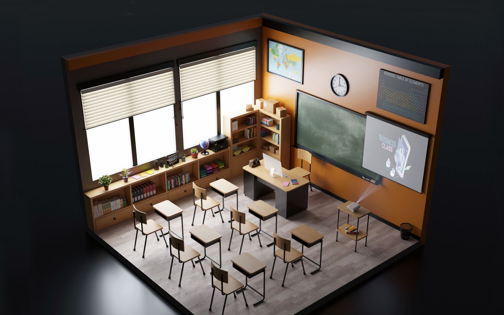 【3dmax场景建模】卡通高中教室场景制作,模型布线,灯光与渲染详细