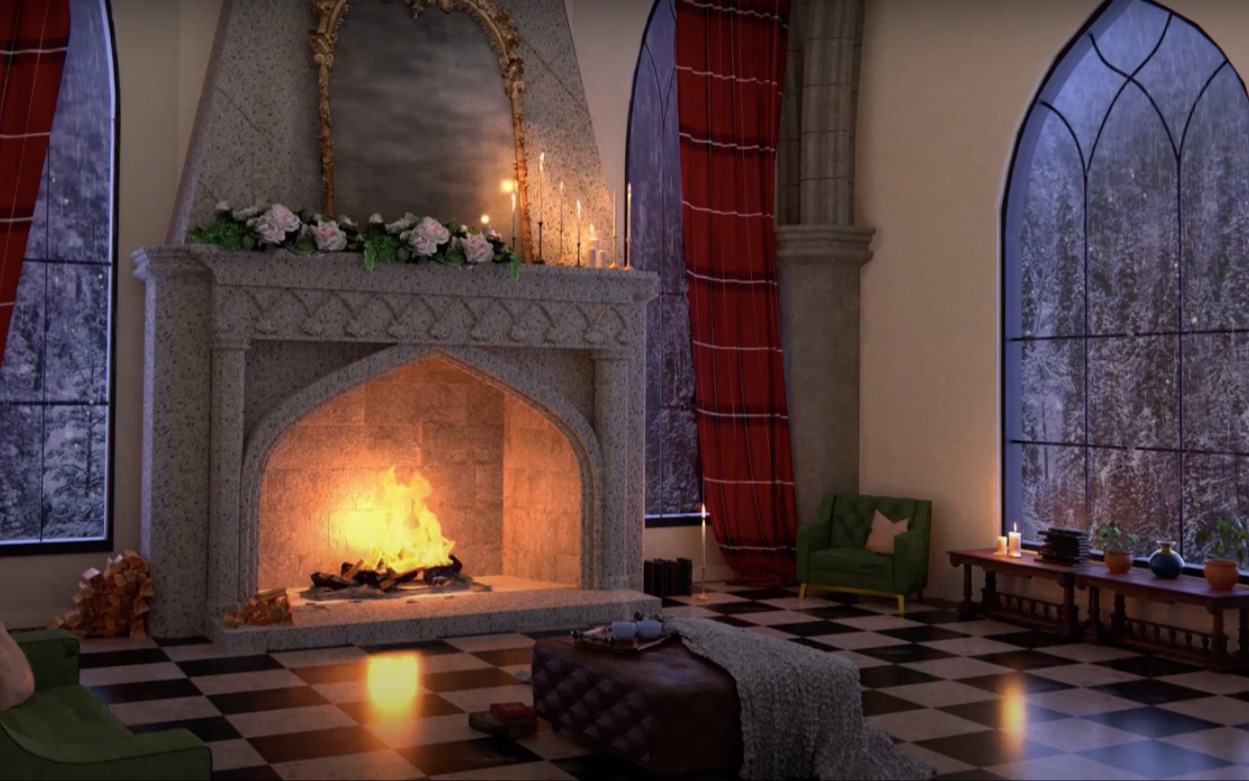 8h白噪音你坐在城堡壁炉前看着窗外的大雪疗愈氛围暴风雪木柴燃烧声