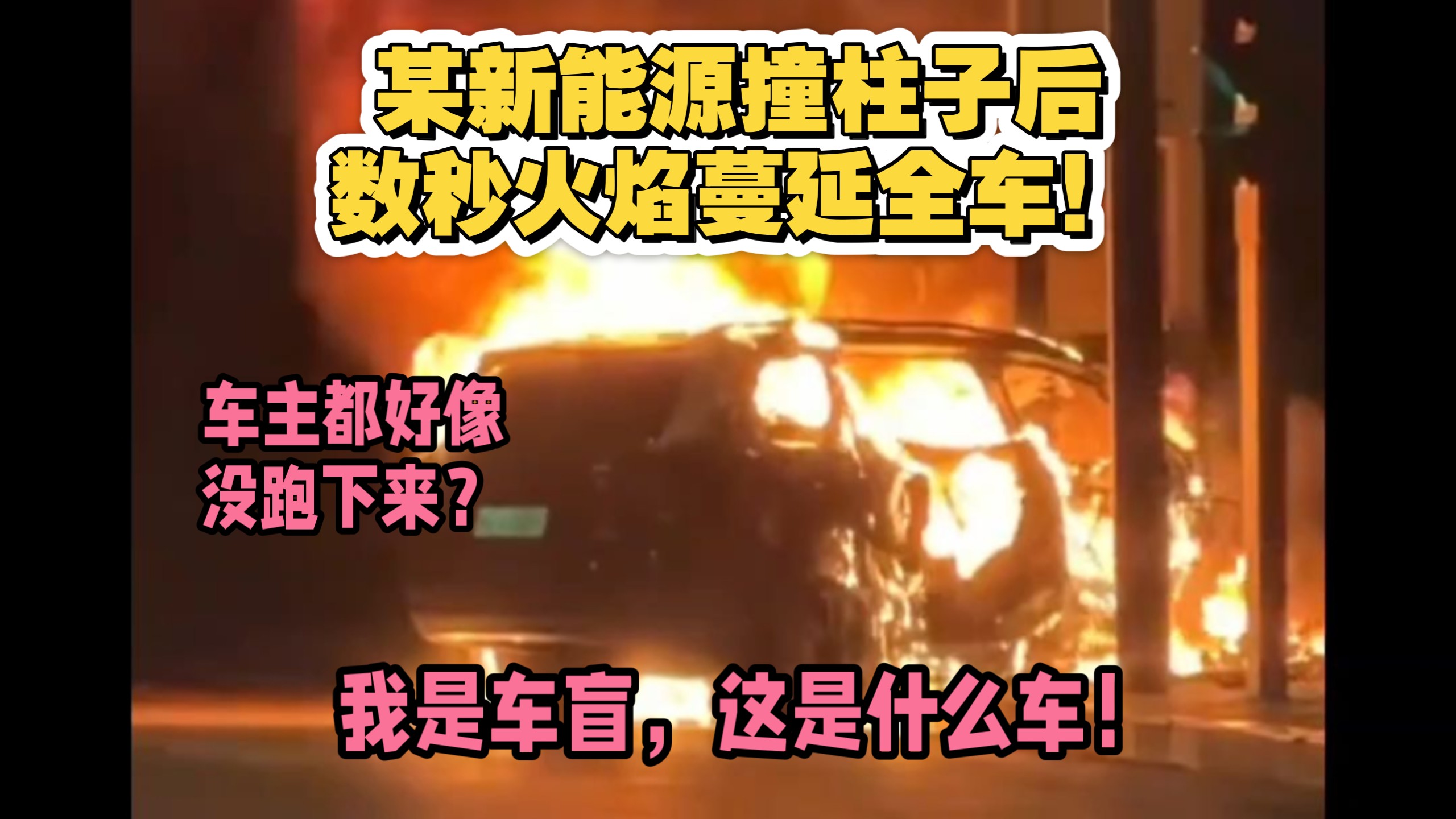 好可怕！陕西某新能源车行驶中撞柱，数秒起火蔓延全车！视频结束车主都好像没跑下来！我对车脸盲，根本看不出来这是什么车！也听不出说的是啥车，有视听力比较好的网友吗？