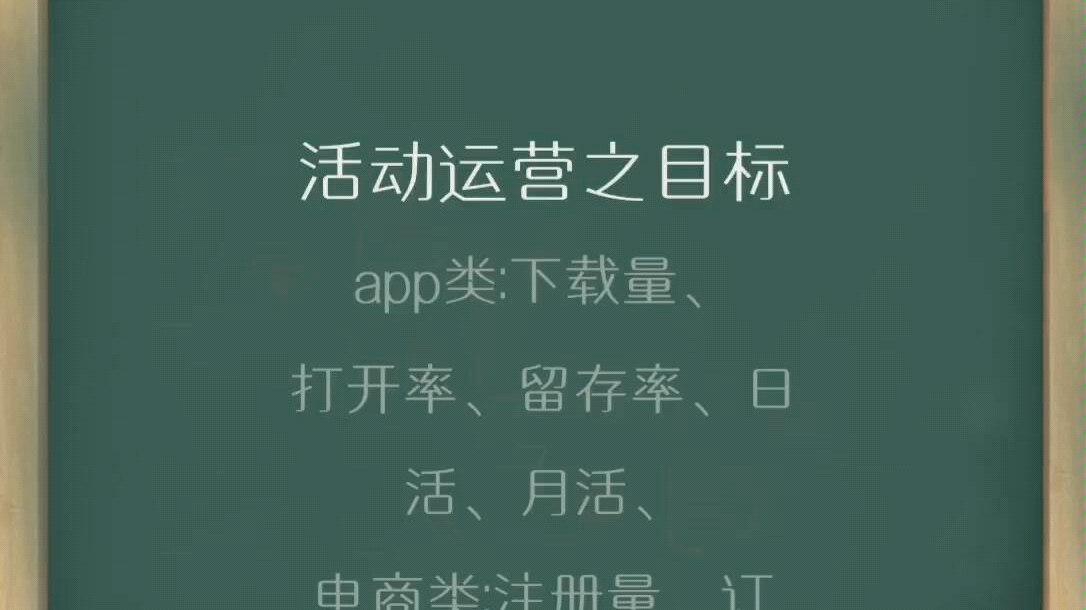 活动运营之目的app类:下载量、打开率、留存率、日活、月活、电商类:注册量、订单量、转化率、客单价、销售额文章类:阅读率,点赞率、转发率、收...