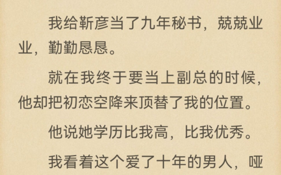 我给靳彦当了九年秘书,兢兢业业.就在我终于要当上副总的时候,他却把初恋空降来顶替了我的位置.他说她学历比我高,比我优秀.我看着这个爱了十年...