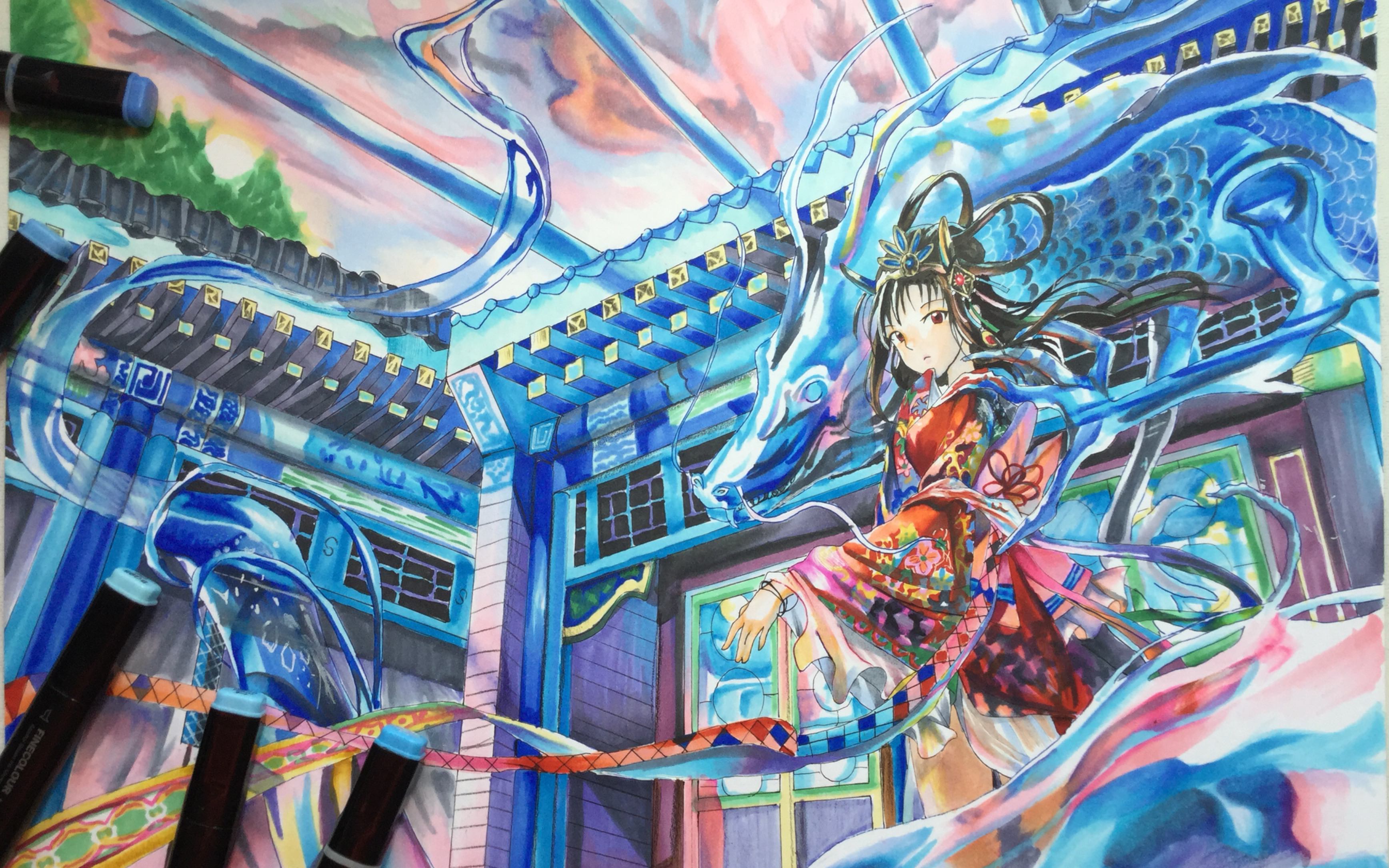 【手绘】马克笔混色爆炸的瞬间—临摹藤原太太的作品「龍王の娘」