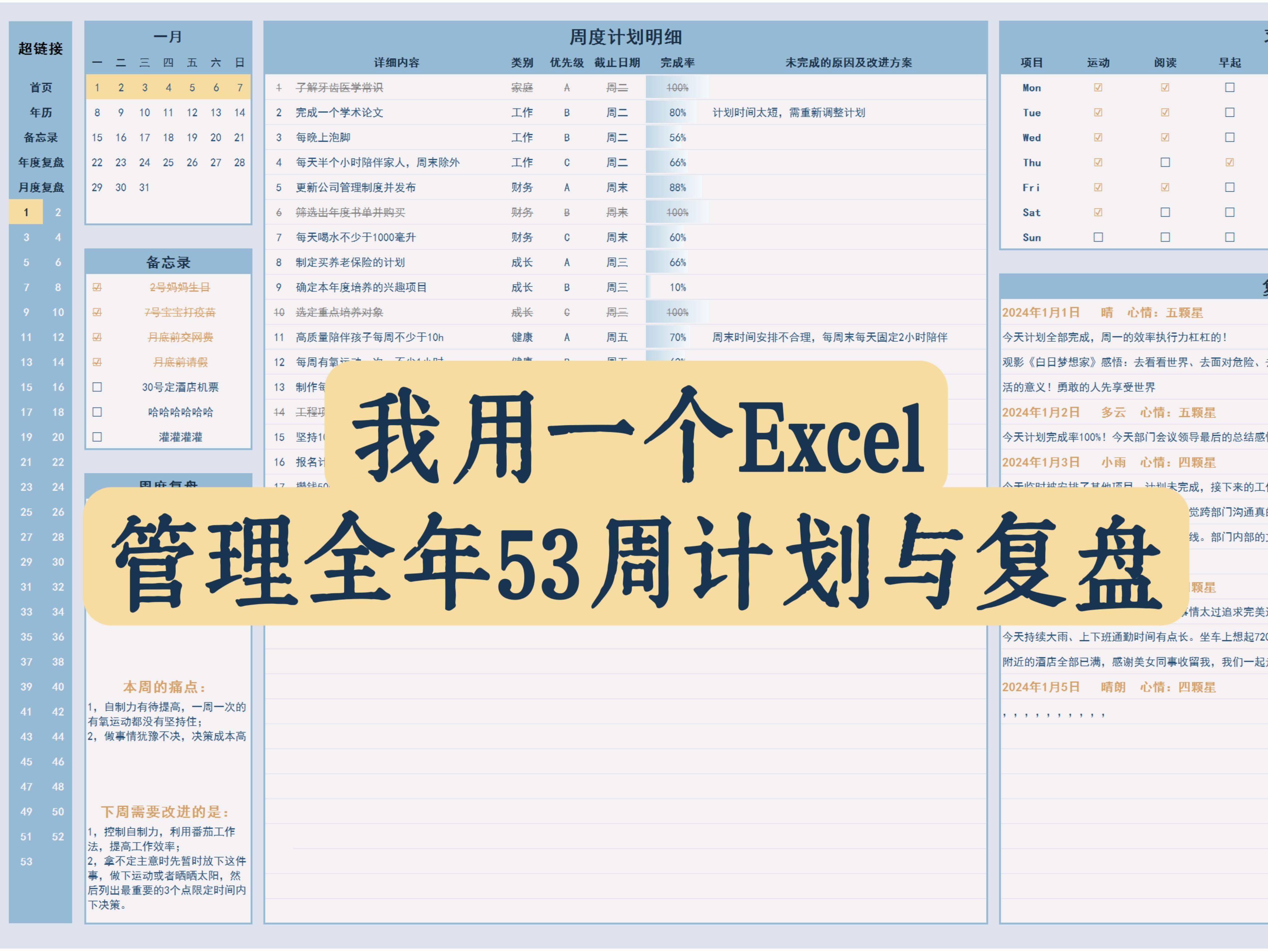 我用一个Excel管理全年53周计划与复盘哔哩哔哩bilibili