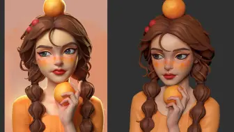 【zbrush雕刻】橘黄色女孩角色雕刻，zb次世代人物高模材质上色雕刻教学