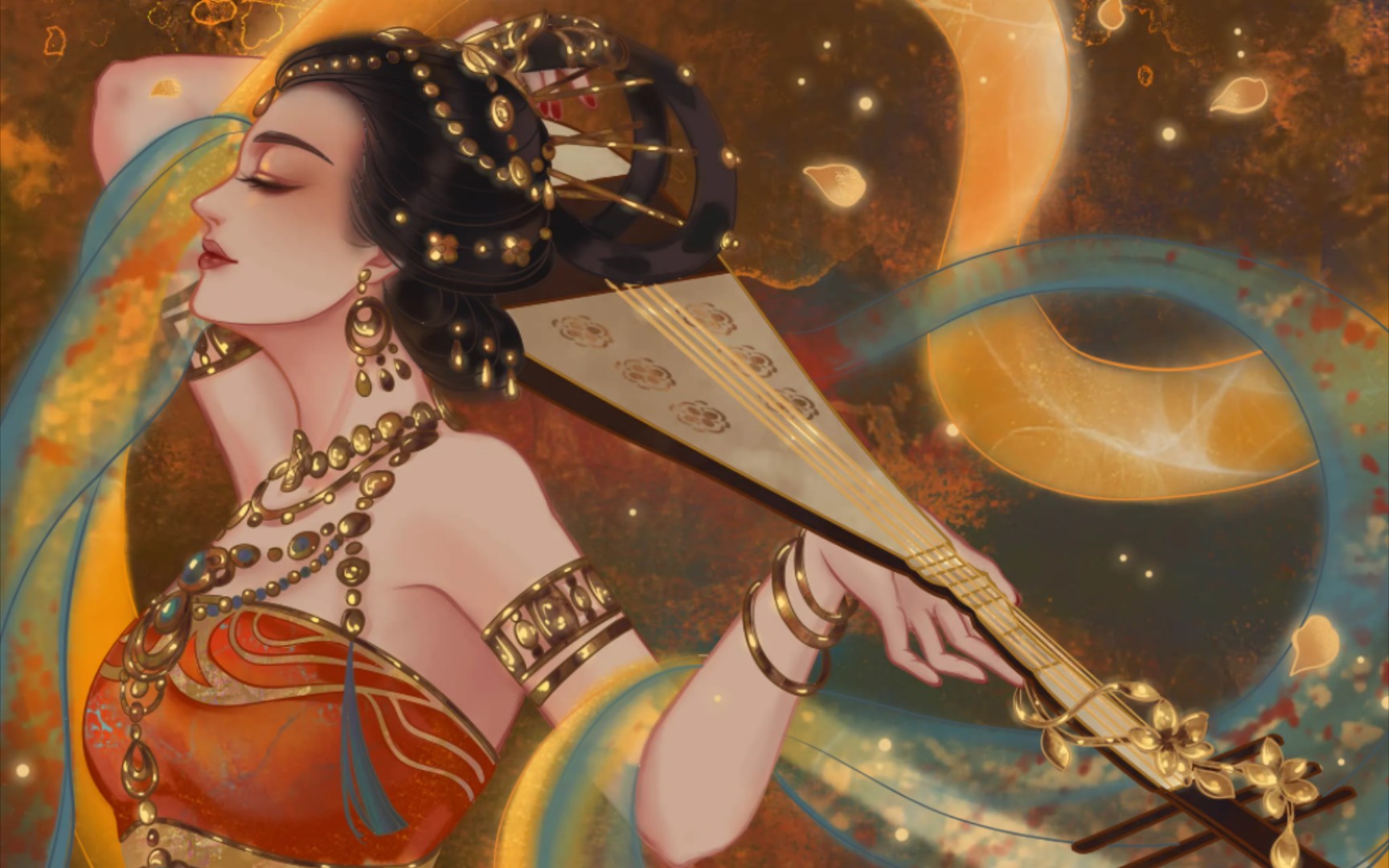 【每日一游】乐涂填色-霓裳羽衣-敦煌飞天-弹琵琶(详细版)