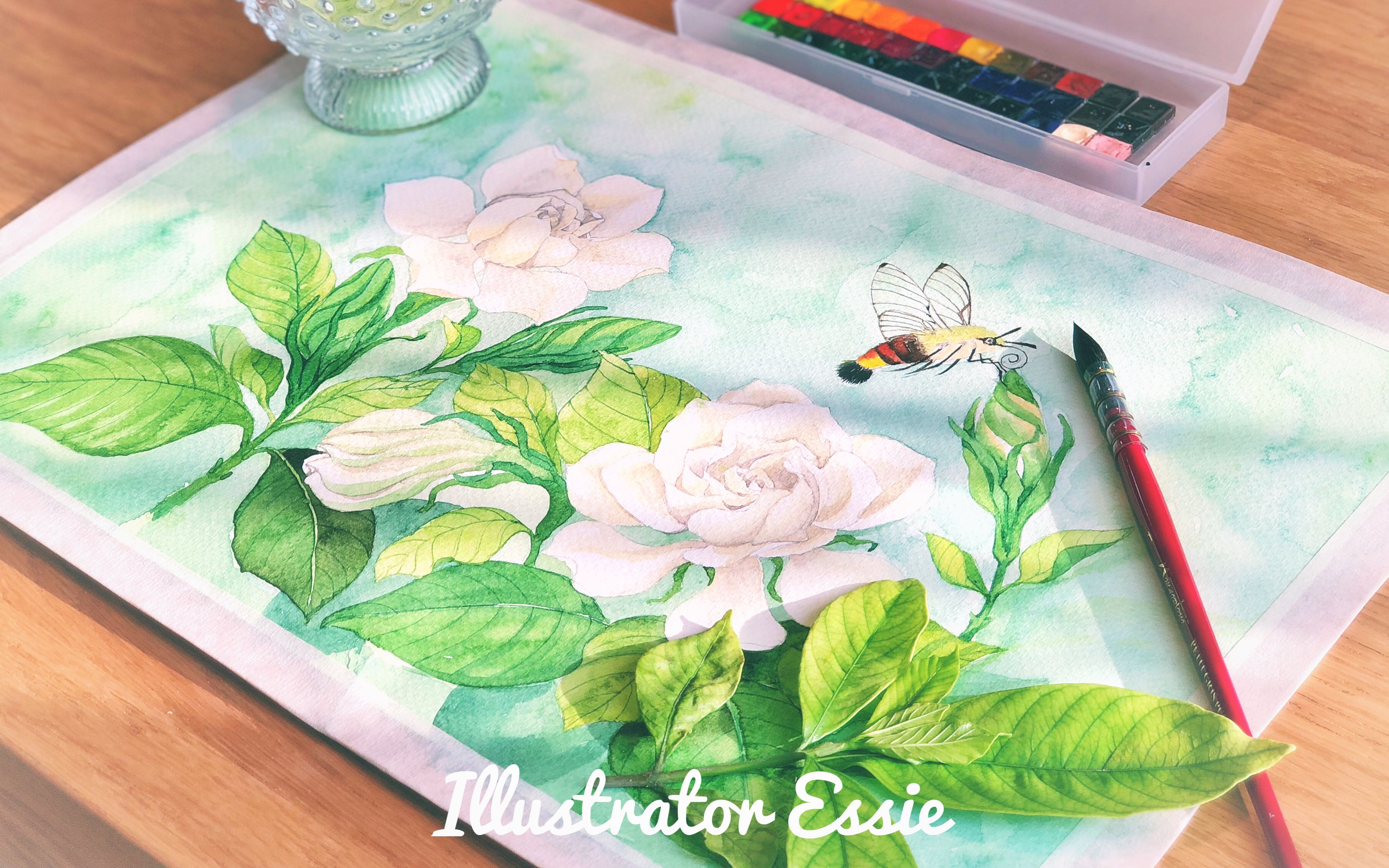 【essie手绘】夏日清爽的栀子花与透翅天蛾