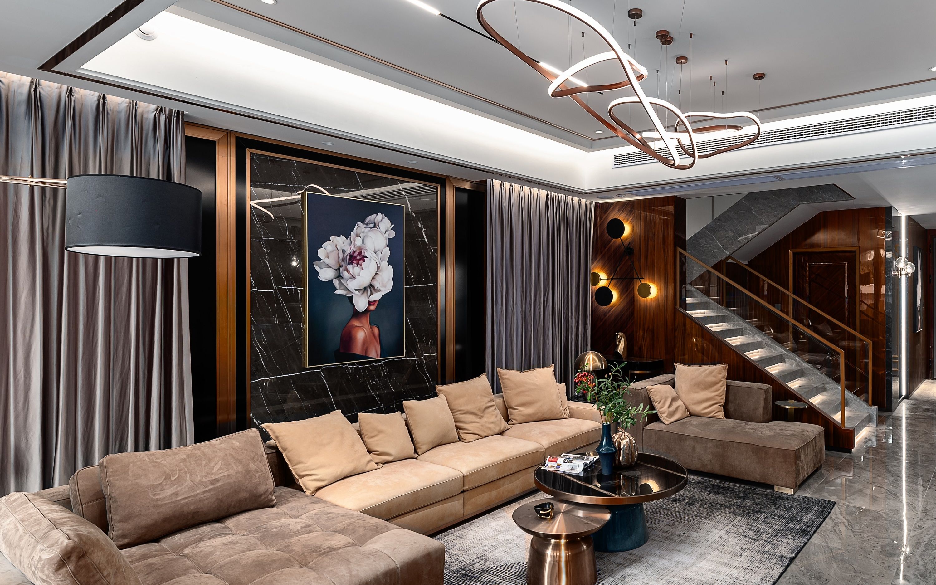 别墅装修|596平咖系意式轻奢风,很小众但是真的很哇塞~现代与复古的