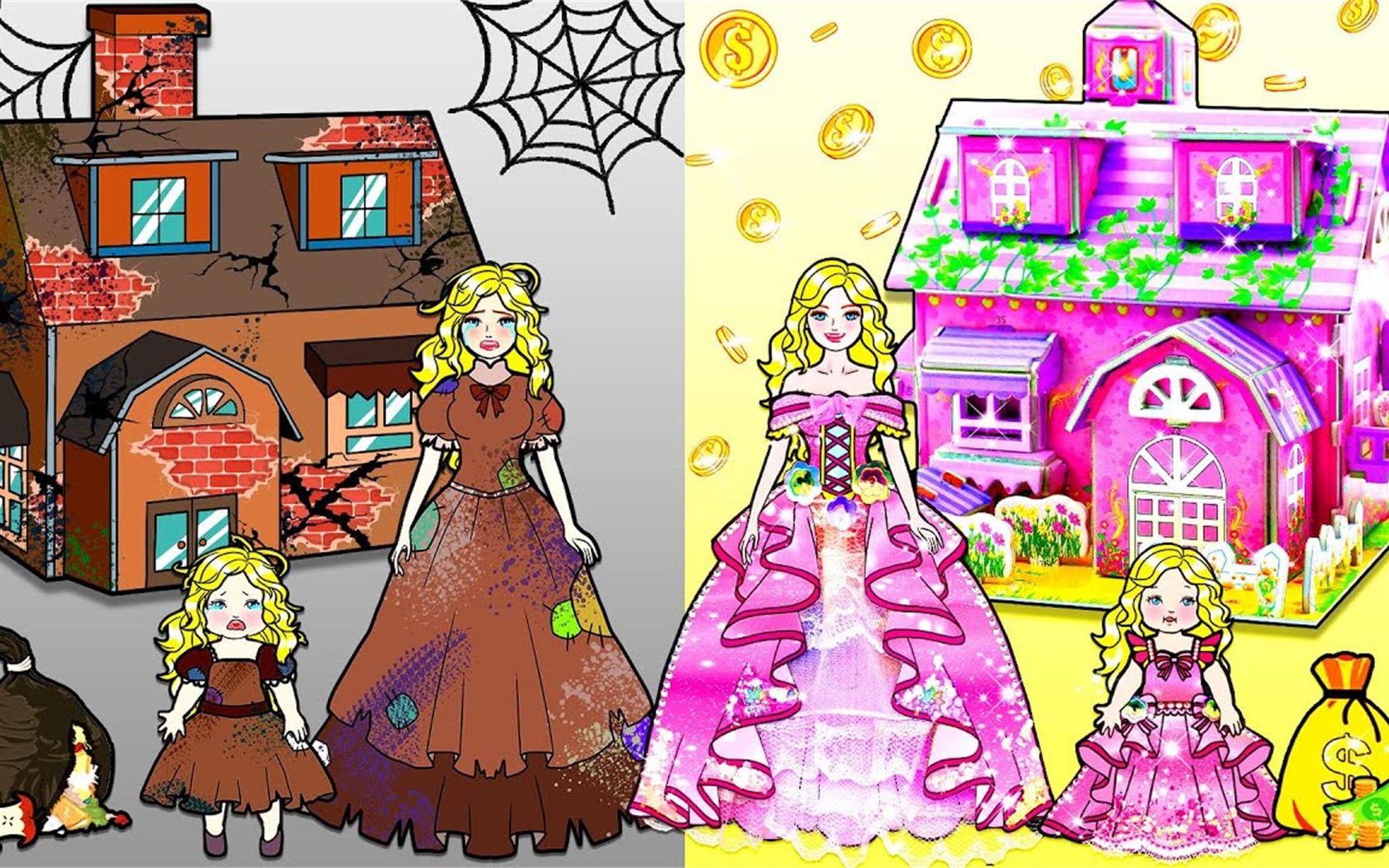 纸娃娃动画:长发善良感动天使,diy玫瑰公主城堡vs彩虹渐变裙,开启新