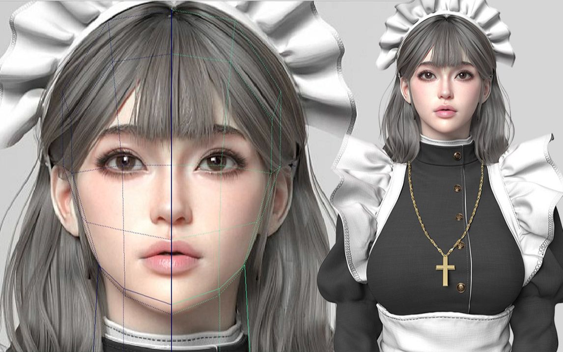 【maya】从拉box开始教你,影视人物"女仆"角色建模教程,头模基础布线