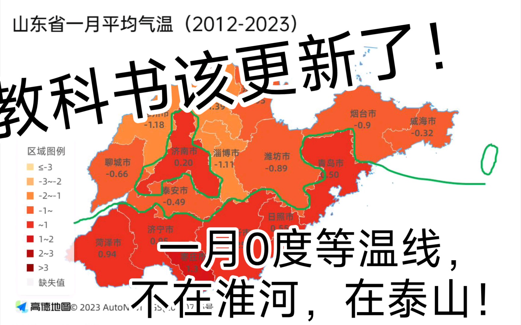 [图]教科书该更新了！一月0度等温线，不在淮河，在泰山！ 山东省各地市2000年到2023年1月平均气温数据！淮海地区一月平均气温多在零度以上！