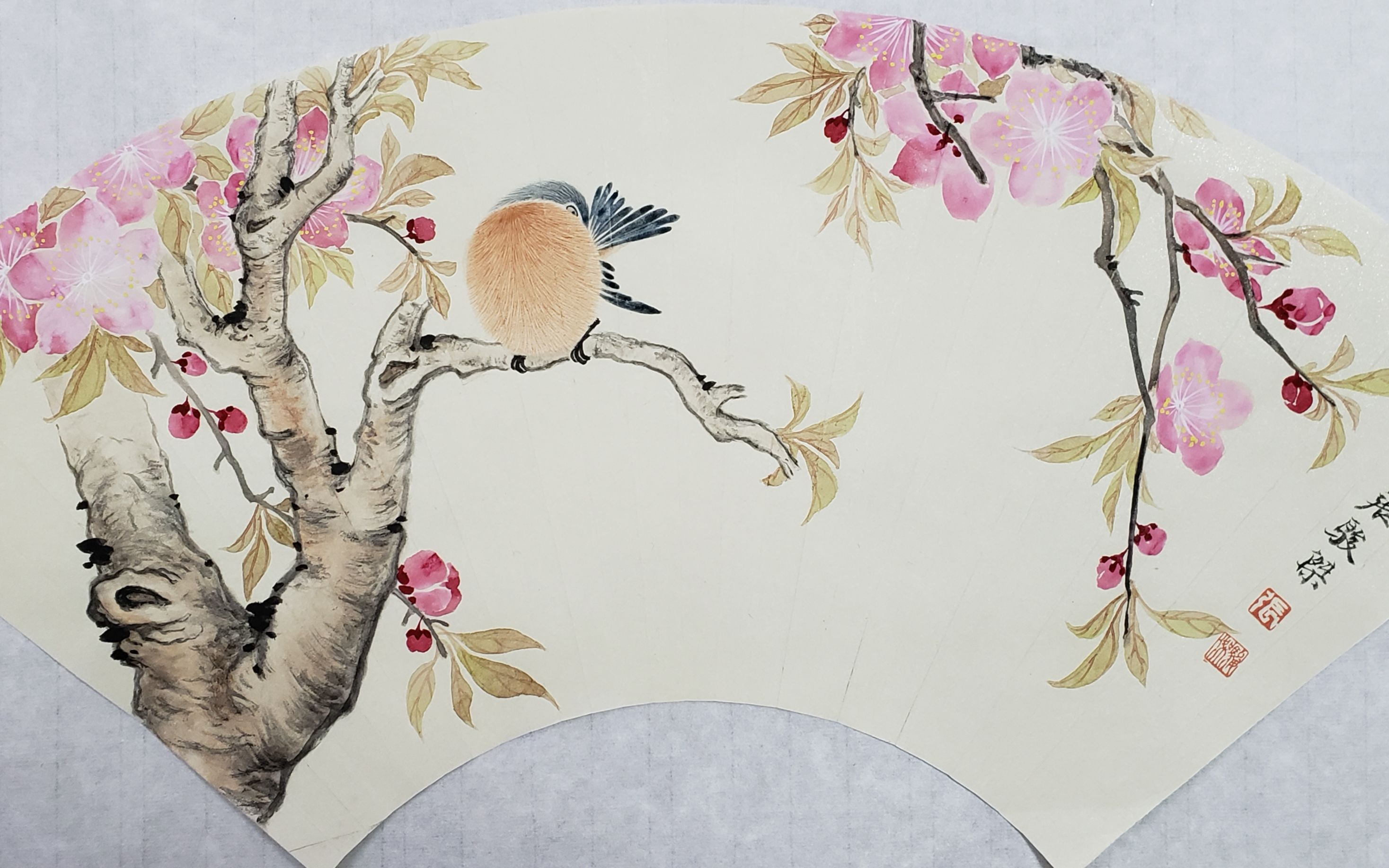 国画花鸟桃花小禽兼工带写小写意没骨法见田斋