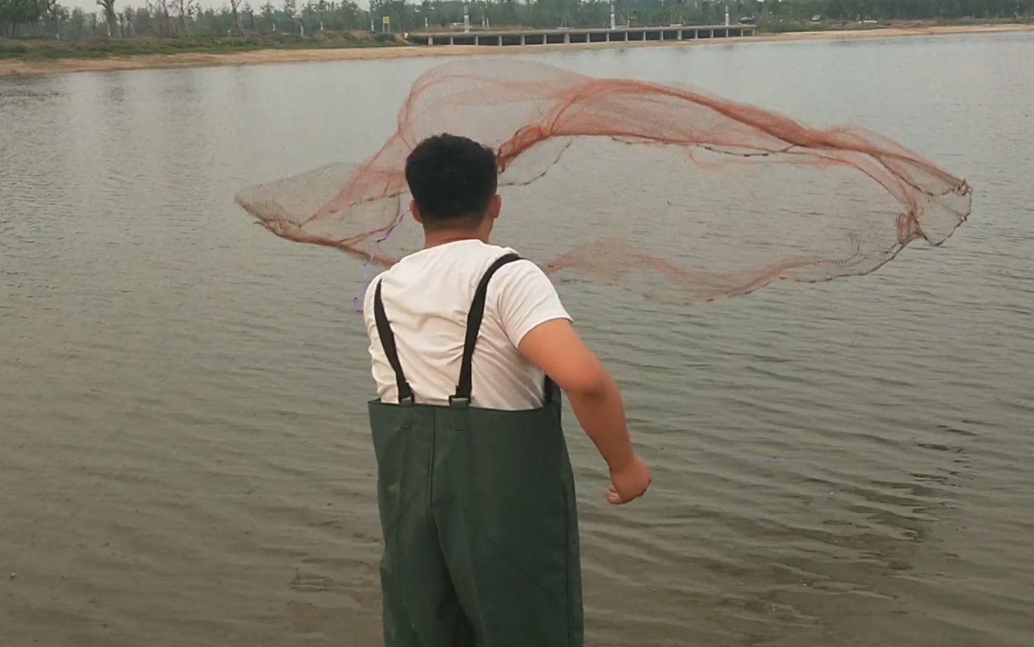 农村小伙学撒网大叔夸学的真快小伙累的一头汗能抓到鱼么