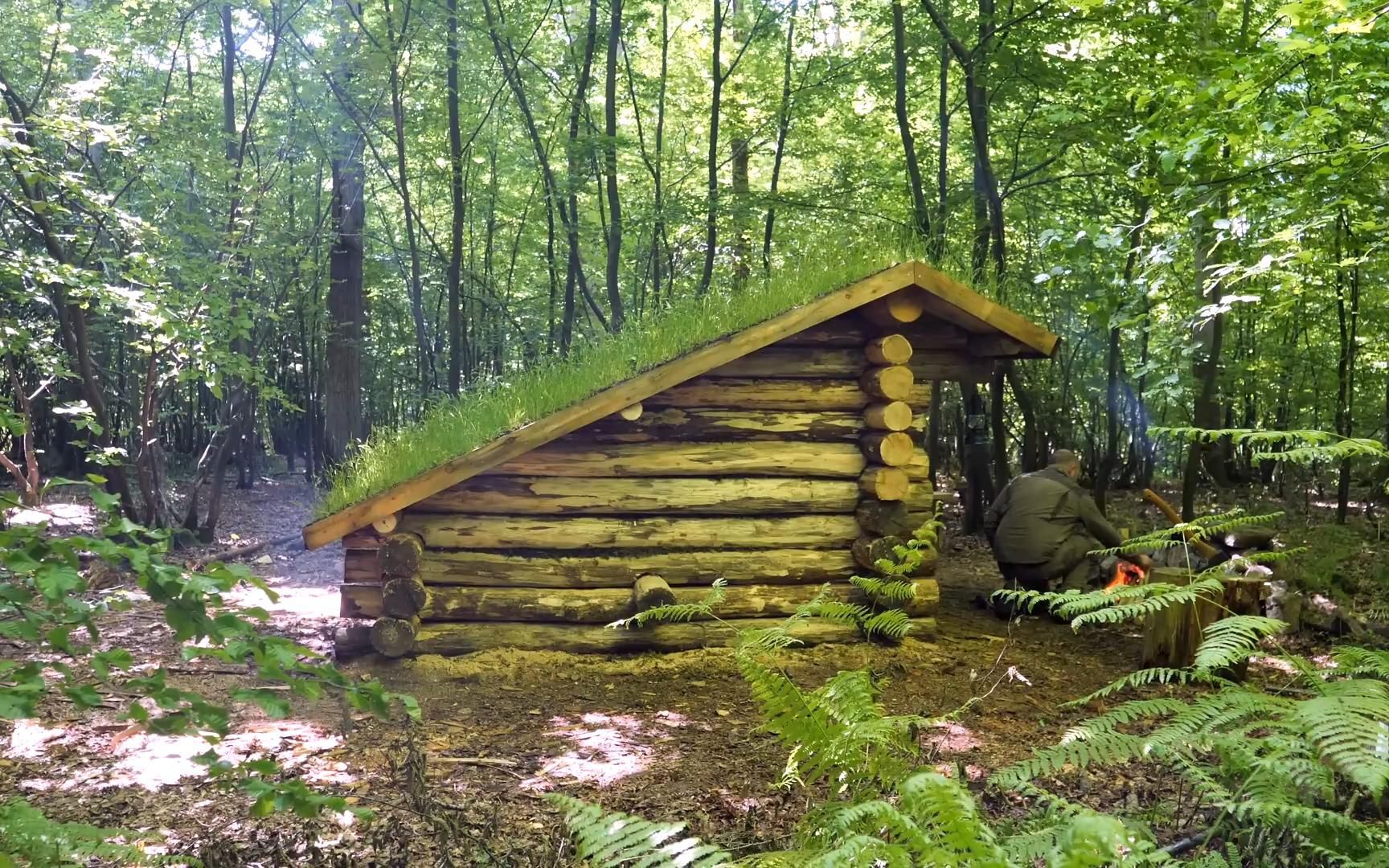 独自来到森林里,盖一栋传统老式木屋,狩猎回来可以直接开火烧烤