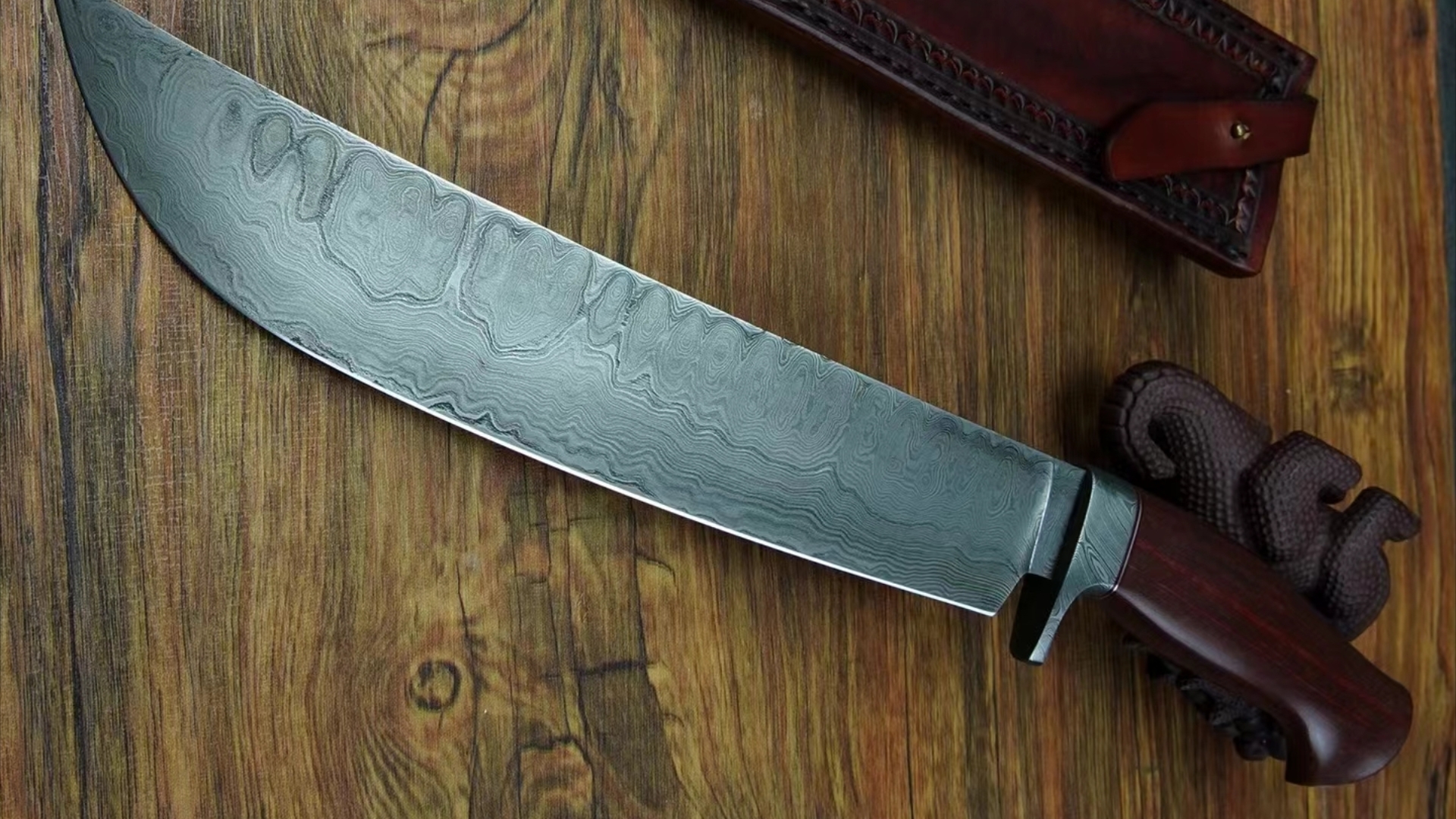 锻造夹钢水波纹大马士革钢刀全长:410mm刃长:275mm柄长:135mm宽度