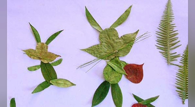 树叶贴画.两只兔子