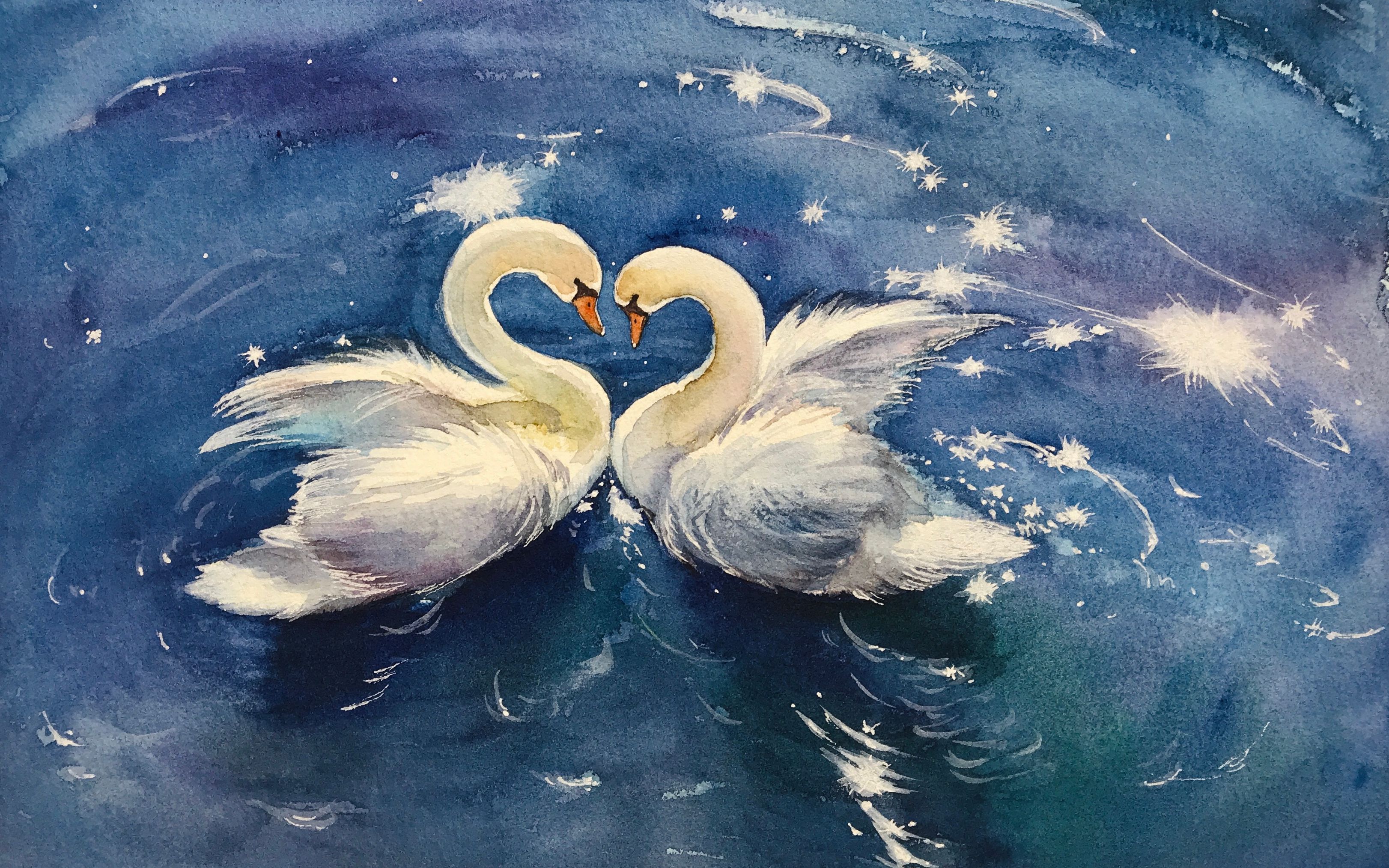 水彩动物天鹅波光粼粼
