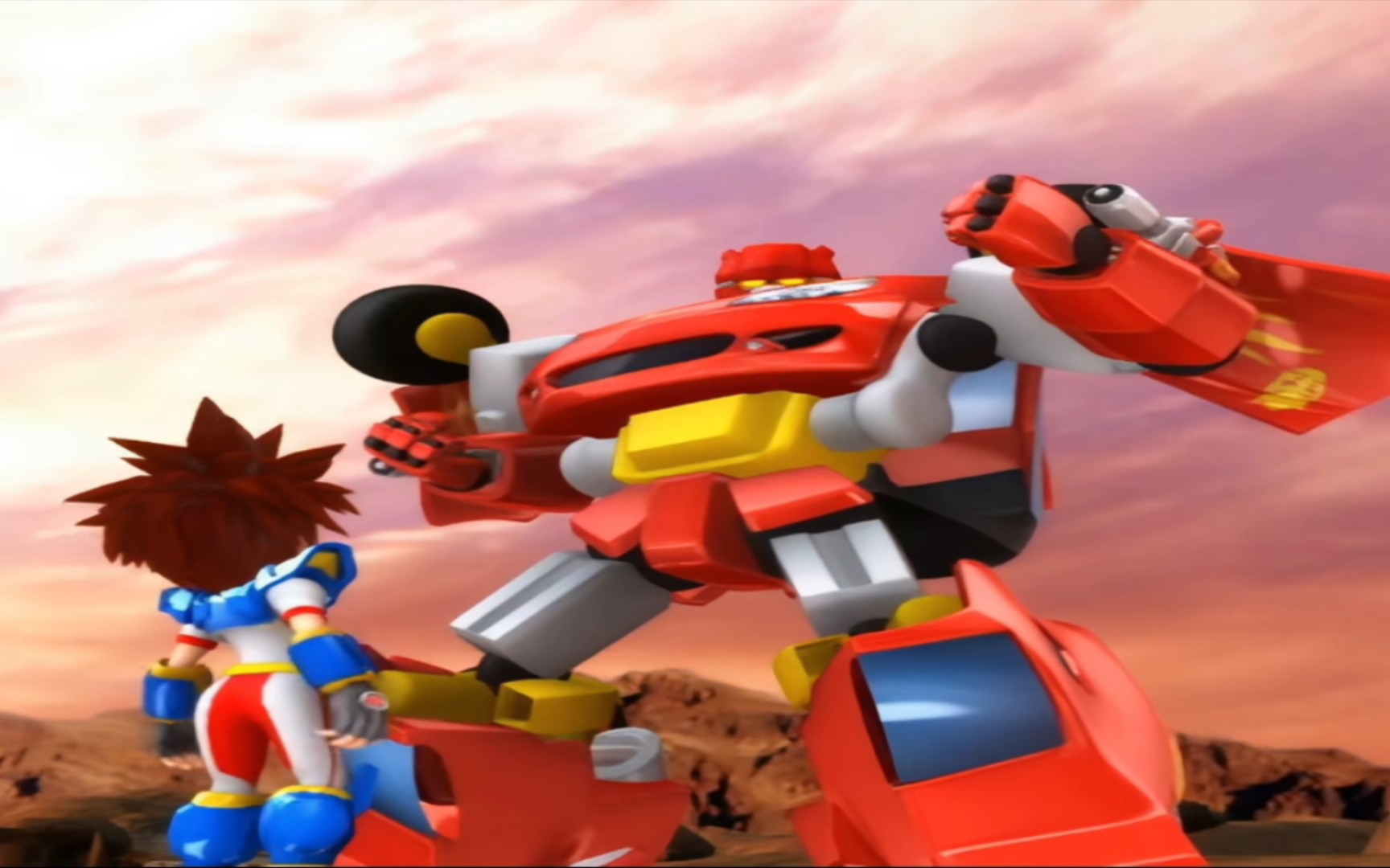 有油漆的霹雳火被没漆的黑铁兽追着打