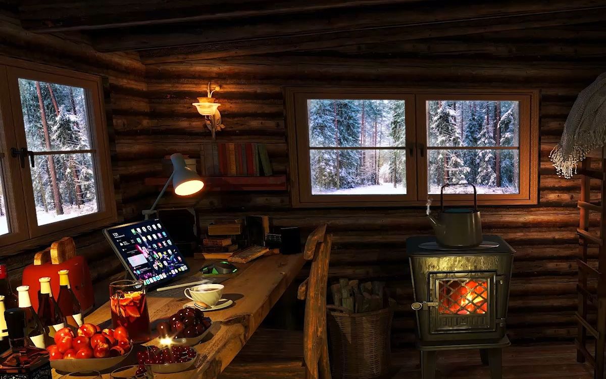 森林暴风雪小木屋丨有电脑,食物,温暖的壁炉,最适合放松的环境白噪音