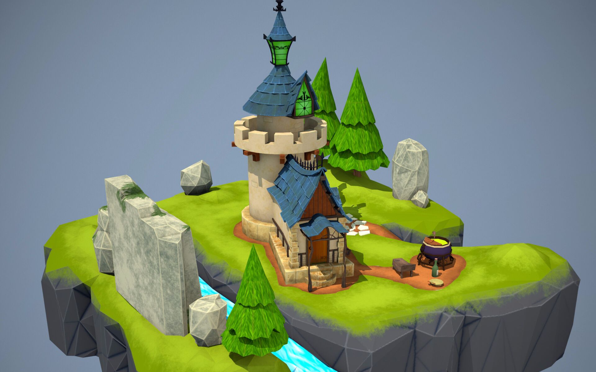 3dmax建模场景小房子巫师岛游戏模型建模